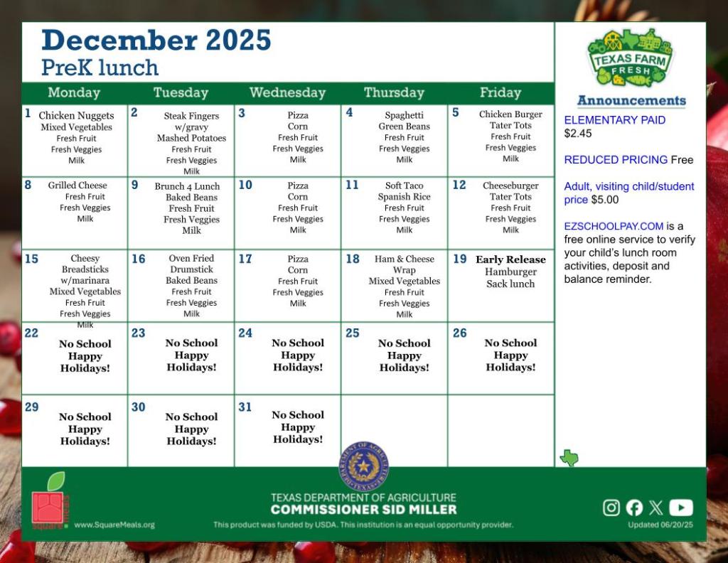 graphic of December lunch menu